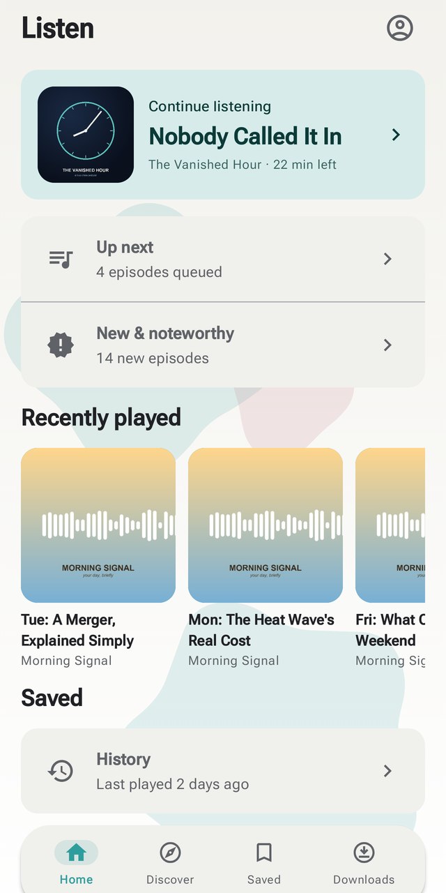 Home dashboard with continue listening, up next, and recently played